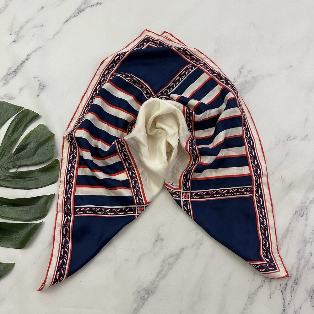 Echo Womens Vintage 90s Silk Square Scarf Blue Red Geometric Nautical
